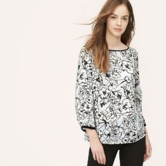 LOFT Sketched Floral Blouse - Blue - Picture 1 of 8